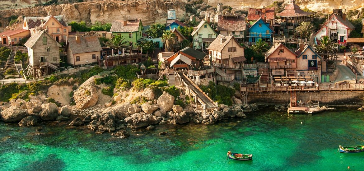 popeye village, malta, architecture, travel, tourism, scenery, village, color, landscape, holiday, sea, nature, adventure, anchor bay, summer, hill