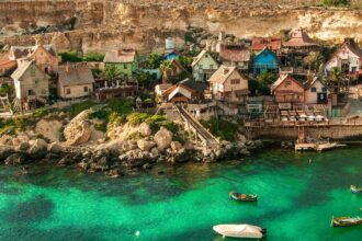 popeye village, malta, architecture, travel, tourism, scenery, village, color, landscape, holiday, sea, nature, adventure, anchor bay, summer, hill