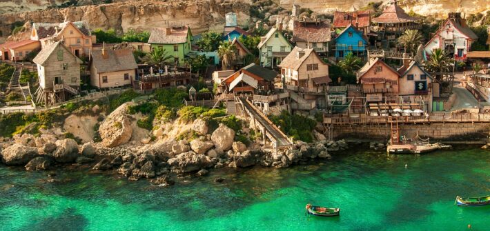 popeye village, malta, architecture, travel, tourism, scenery, village, color, landscape, holiday, sea, nature, adventure, anchor bay, summer, hill