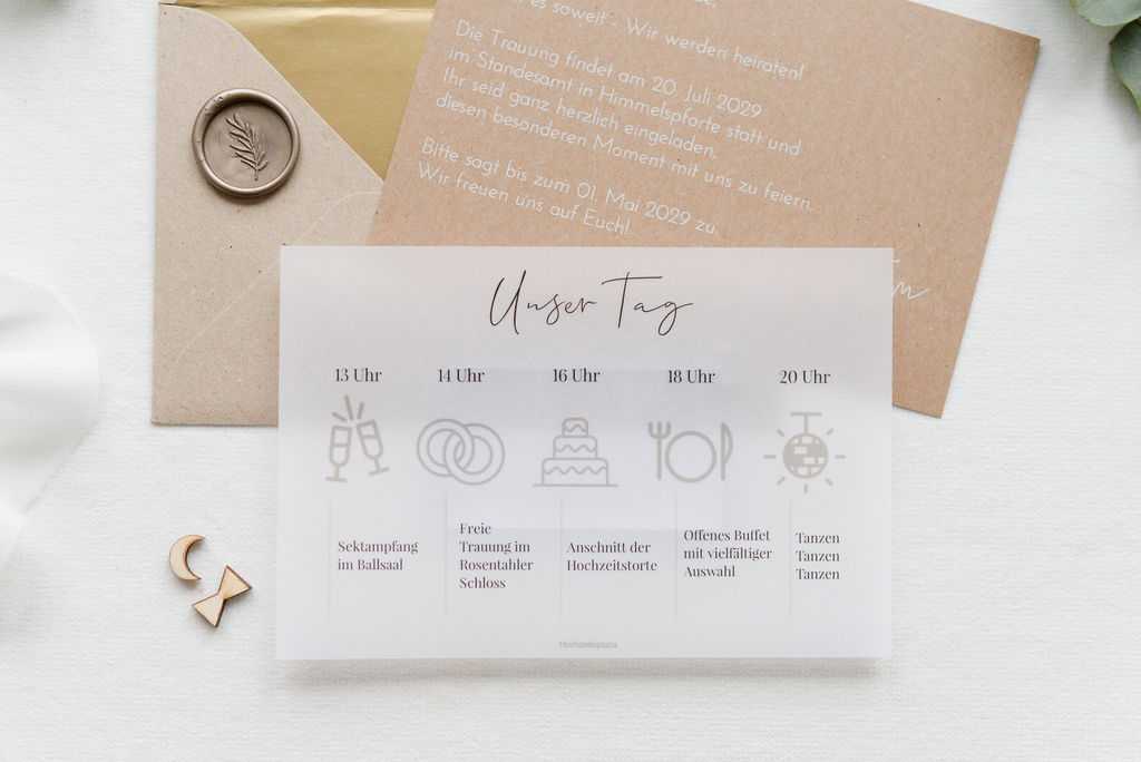 Eine transparentes Einlegeblatt zur Einladungskarte für die Hochzeit mit Timeline macht die Einladung perfekt.