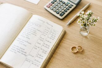 Notizbuch mit Budgetplanung und Blumen auf einem Tisch