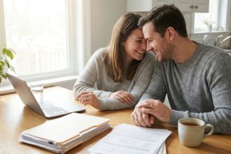 Frisch verheiratetes Paar sortiert gemeinsam Unterlagen am Küchentisch