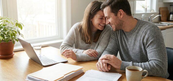 Frisch verheiratetes Paar sortiert gemeinsam Unterlagen am Küchentisch